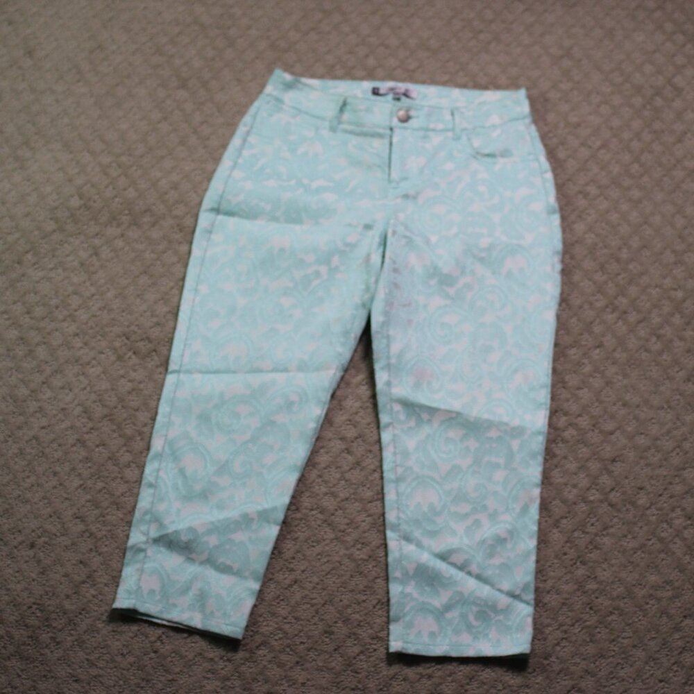 Jennifer Lopez Size 0 Aqua Shiny Embroidered Cropped Pants